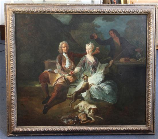 Late 18th century English School A lady and gentleman raising a toast 28 x 32in.
